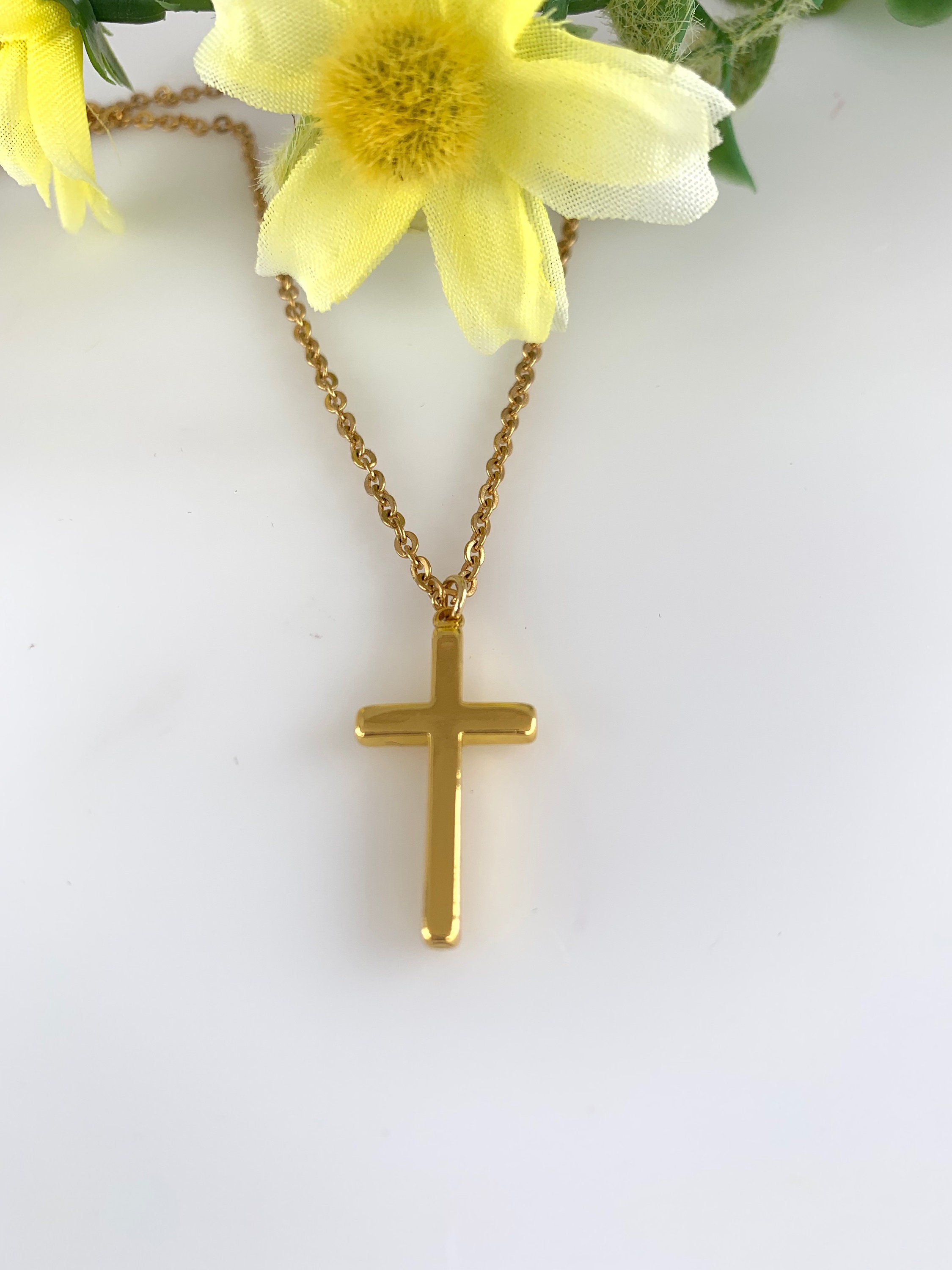 Gold cross necklace with gold stainless steel chain, Baptism Gift, Gold ...