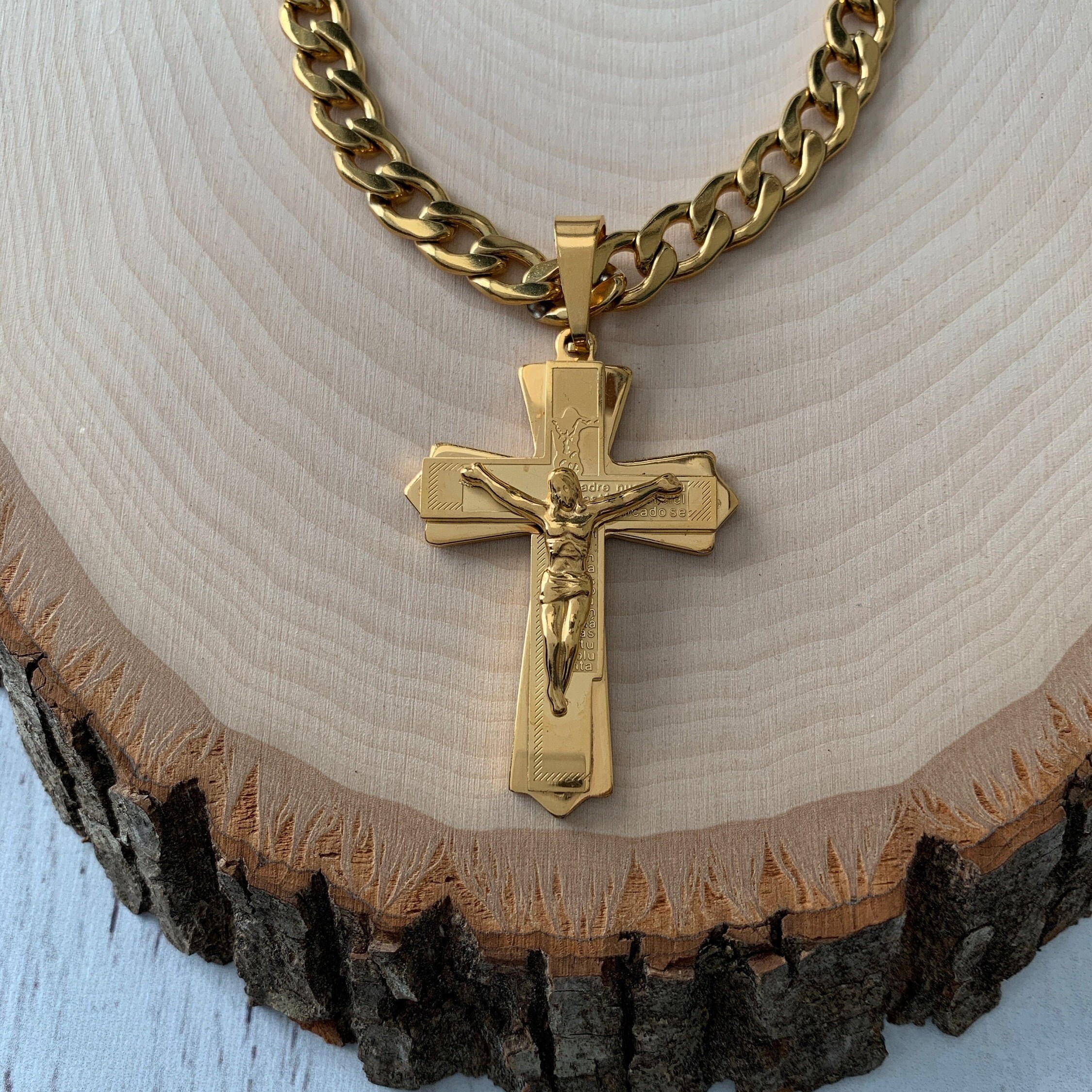Gold crucifix cross necklace for men Large Gold stainless steel