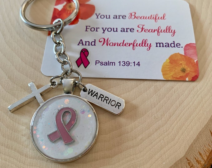 Breast cancer warrior survivor keychain with pink ribbon charm, cross and warrior tag with scripture verse card Psalm 139 14