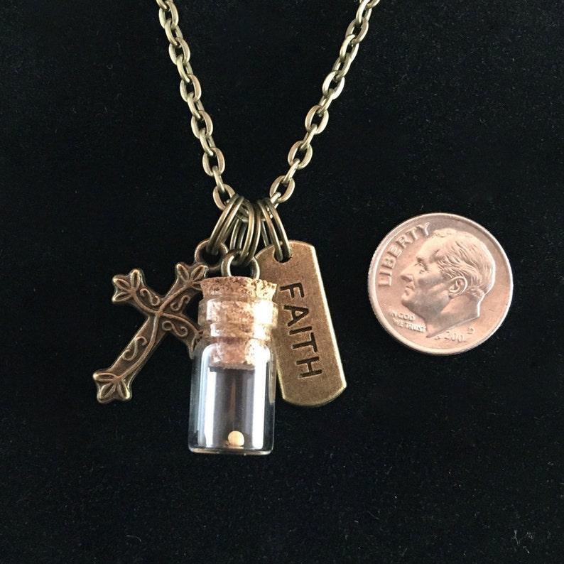 Faith of a mustard seed necklace in antique bronze with cross faith tag glass bottle and real mustard seed