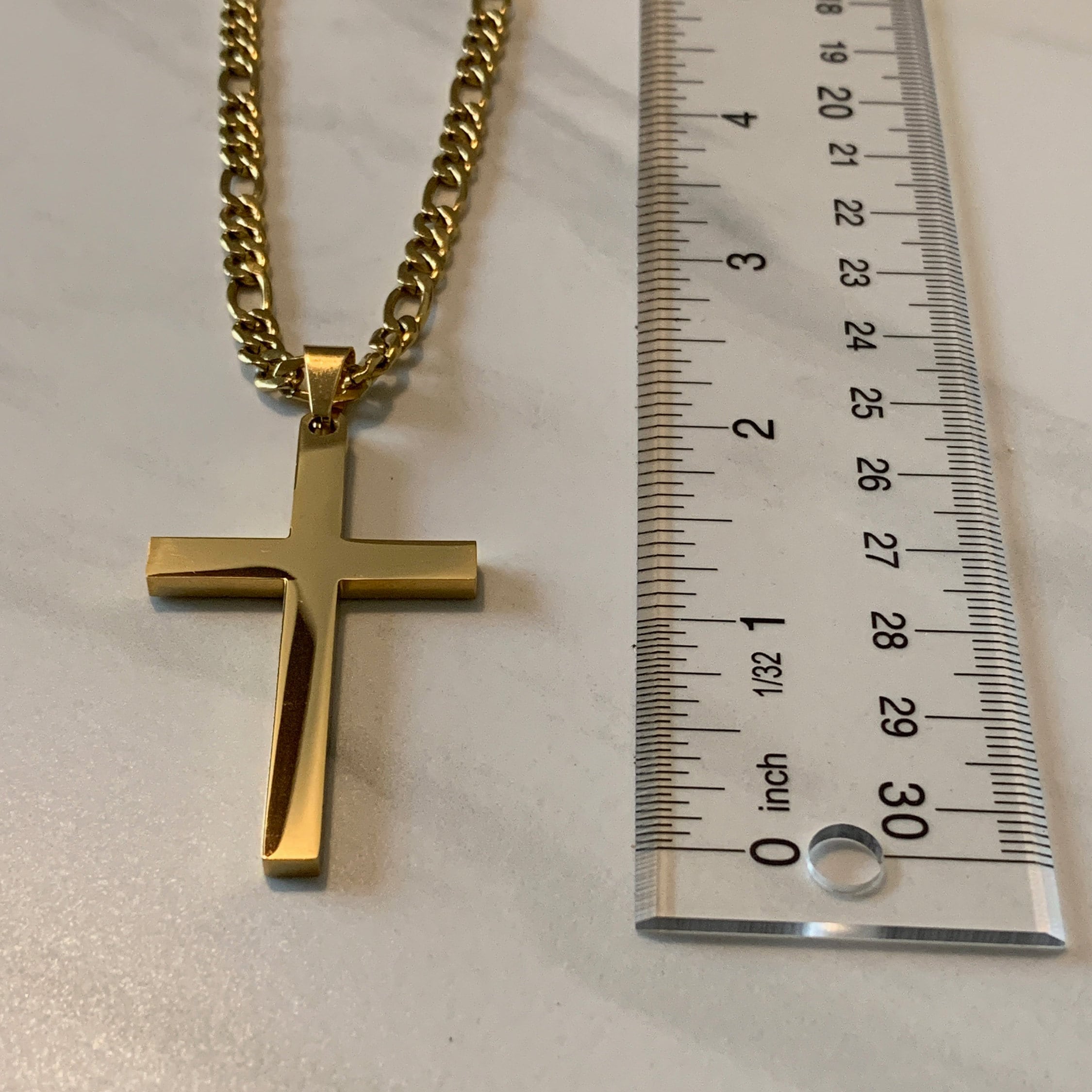 Large gold cross necklace for men with Figaro chain, Gold 316L