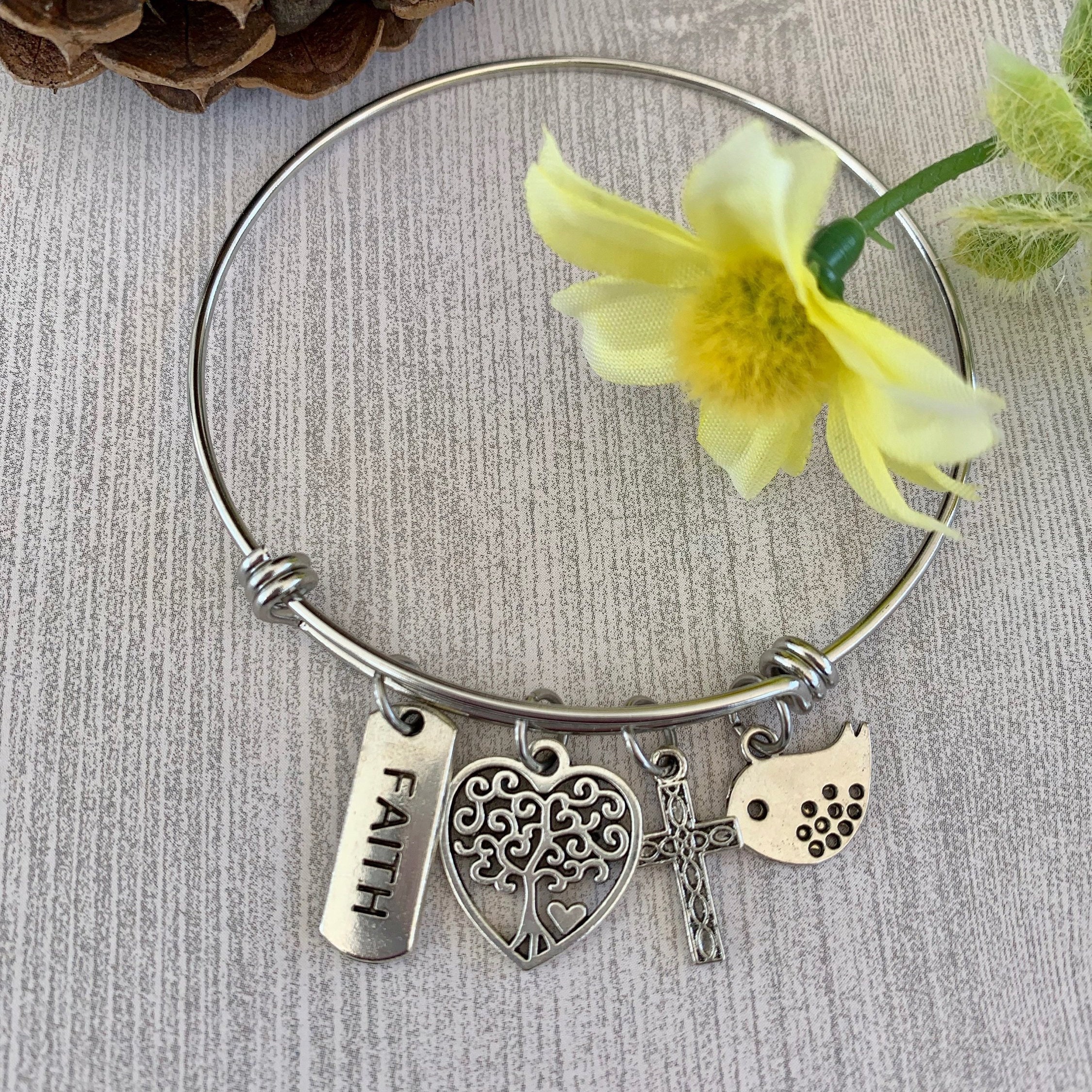 Silver christian charm bangle bracelet for women, Stainless steel