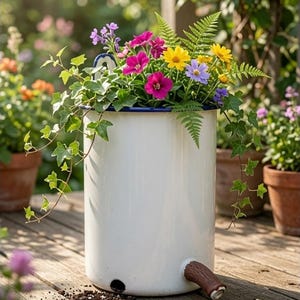 Vintage Kockums Sweden Enamel Wall Planter - 1 Litre White & Blue Enamelware Irrigator Jug - Rustic Farmhouse Kitchen Utensil Holder