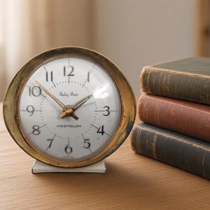 May include: A round Westclox Baby Ben alarm clock with a distressed gold-tone metal frame, a white face, black Arabic numerals, and gold-coloured hands. The clock sits on a small white base and features the brand name printed on the dial.