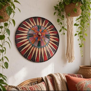 May include: A circular wall hanging featuring a radial pattern of alternating red, black and natural tan triangular segments. The centre displays a multi-coloured concentric design with thin spokes radiating outward to a dark circular frame.
