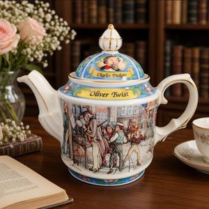 May include: A white porcelain teapot featuring a colourful illustration of a scene from Oliver Twist. The lid displays a portrait of Charles Dickens with his name printed below. The body of the teapot is decorated with gold trim and a detailed Victorian street scene.