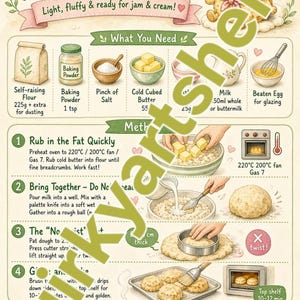 Op de afbeelding: Een instructieposter getiteld How to Make Perfect Scones met illustraties van ingrediënten zoals bloem, boter en melk, gevolgd door een methode in vier stappen met genummerde iconen die het mengen, snijden en bakken van scones weergeven.