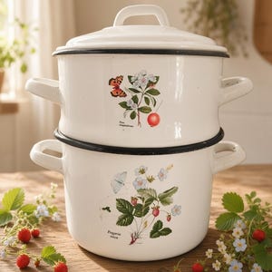 May include: Two stacked white enamel pots with black rims and handles. The top pot features a butterfly and Pyrus amygdaliformis botanical illustration. The bottom pot displays a butterfly and Fragaria vesca strawberry plant illustration.