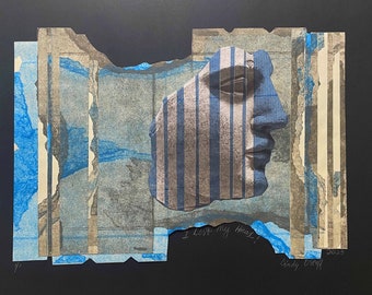 I Lost My Head, monoprint, collograph, recycled cardboard, portrait, blue, black, collage, relief