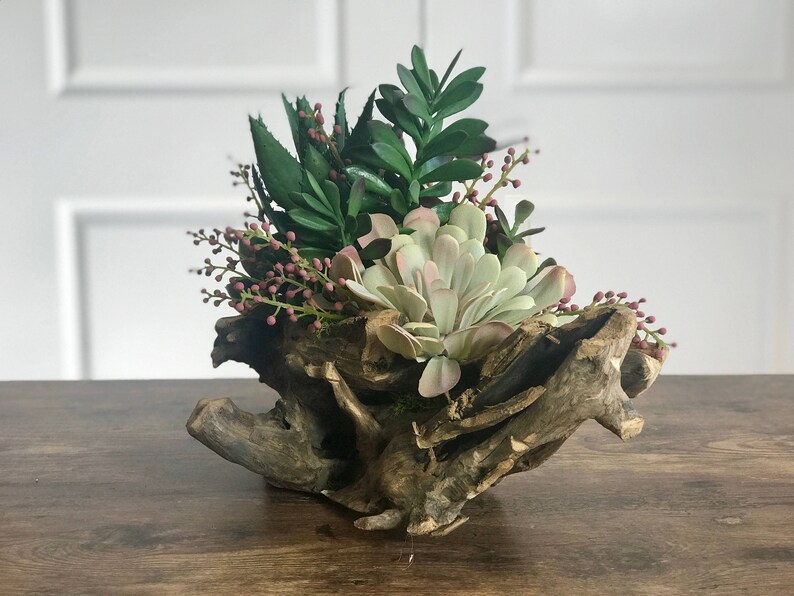 Driftwood Succulent Floral Arrangement Faux Flowers Etsy