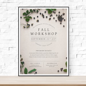 May include: A poster advertising a Fall Workshop with the text "The Handmade Society Presents Fall Workshop September 21st-23rd Vendors Food Bazaar Program Details Buy Tickets Information"