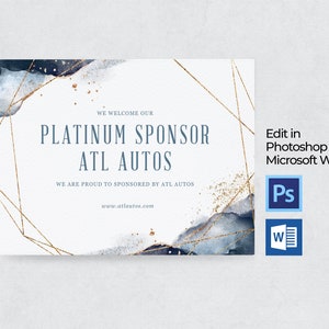 May include: A white card with a gold geometric frame and blue watercolor accents. The text "WE WELCOME OUR PLATINUM SPONSOR ATL AUTOS WE ARE PROUD TO SPONSORED BY ATL AUTOS www.atlautos.com" is printed on the card.