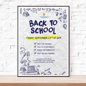 DIY Printable Back to School or Open House Event Flyer Template in PSD + DOCX for Church, School, Hand Drawn, Doodle