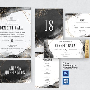 DIY Printable Gala Benefit Dinner Event Flyer Template Marketing Set for Photoshop PSD & Microsoft Word, Fundraising Dinner, Black and Gold