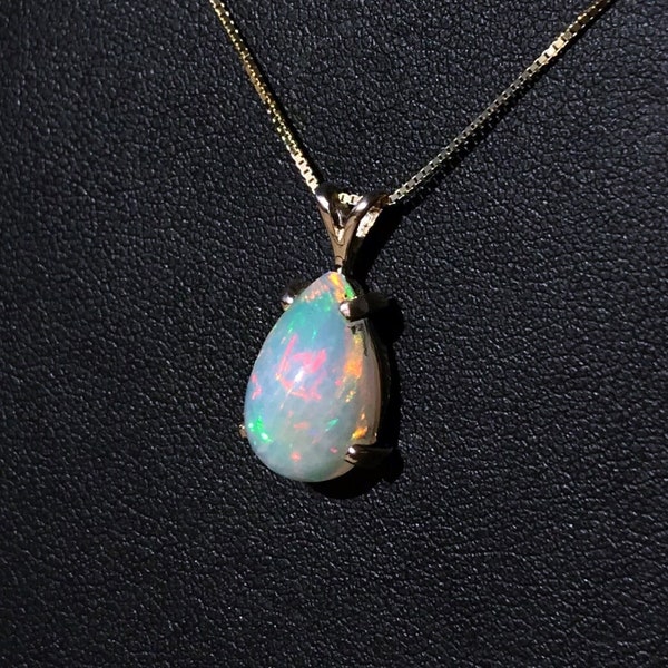 Genuine Opal Pendant, October Birthstone Jewelry, Pear Shape Opal Pendant, Pear Solitaire, Rainbow Opal Necklace, White Opal Pendant