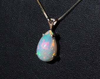 Genuine Opal Pendant, October Birthstone Jewelry, Pear Shape Opal Pendant, Pear Solitaire, Rainbow Opal Necklace, White Opal Pendant