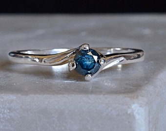 Royal Blue Diamond Solitaire Ring: Sterling Silver or Gold Band