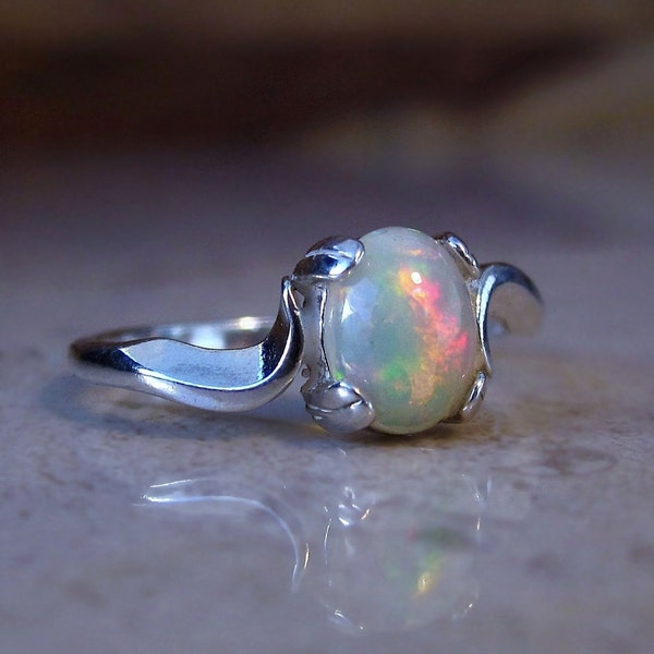 Genuine Opal Cabochon Ring, 14k Gold or Sterling Silver, Natural White Opal Gemstone Ring, October Birthstone, Dainty Gemstone Jewelry