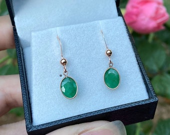 Genuine Emerald Earrings, Emerald Solitaire Earrings, Precious Gemstone Drop Earrings, May Birthstone Earrings,