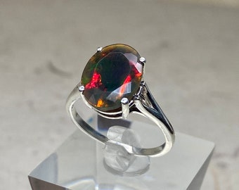 Authentic Black Opal Ring, Fire Opal Ring, Genuine Opal, Oval Opal Ring, Unique Opal Ring, Opal Wedding Ring, Large Solitaire Ring