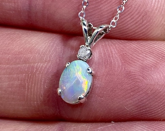 Genuine Australian Opal and Diamond Pendant Necklace, Sterling Silver, White Crystal Opal Cabochon, Natural Diamond Accent, October Stone