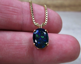 Blue Opal Pendant Necklace: 10k Gold or Sterling Silver, October Birthstone