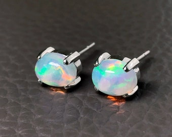 Genuine Rainbow Opal Stud Post Earrings, Natural Cabochon Opal Gemstone Earrings, Handmade Jewelry, Opal Earrings by Bihls, Opal Solitaires