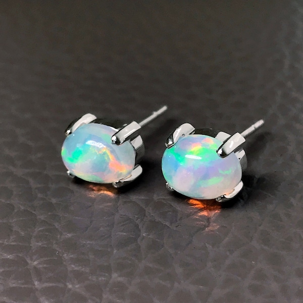 Genuine Rainbow Opal Stud Post Earrings, Natural Cabochon Opal Gemstone Earrings, Handmade Jewelry, Opal Earrings by Bihls, Opal Solitaires