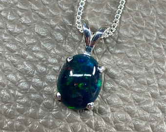 Black Opal Solitaire Necklace, October Birthstone Pendant, 925 Sterling Silver Necklace, Large Black Gemstone Pendant