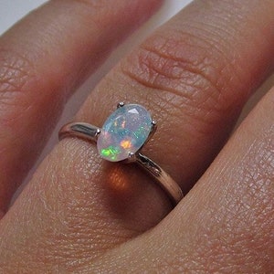 White Rainbow Opal Solitaire Ring, White Opal Jewelry, Oval Gemstone Solitaire