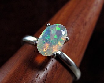 Rainbow Opal Solitaire Ring: Clear Oval Gemstone