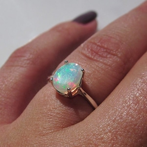 Rainbow Opal Solitaire Ring: 925 Sterling Silver, Genuine Ethiopian Opal