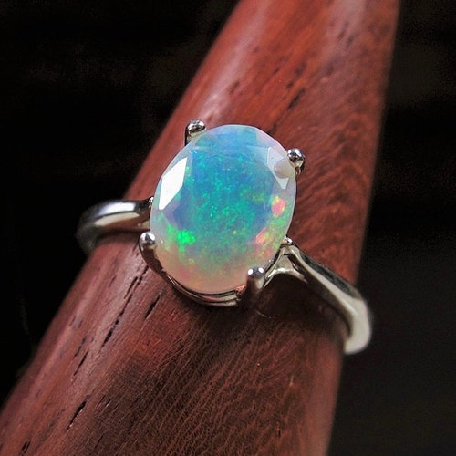 Half Halo Blue Opal Ring Fan Ring Half Halo Diamond and Blue | Etsy