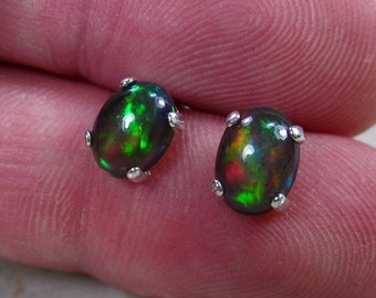 Genuine Black Fire Opal Earrings, Natural Opal Stud Earrings, Best Jewelry Gifts for Her, Gemstone Stud Earrings, Dark Gemstone Earrings