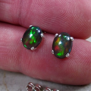 Genuine Black Fire Opal Earrings, Natural Opal Stud Earrings, Best Jewelry Gifts for Her, Gemstone Stud Earrings, Dark Gemstone Earrings