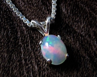 White Opal Pendant, Opal Solitaire, Rainbow Opal Necklace, October Birthstone Pendant Necklace, Colorful Gemstone Jewelry