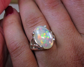 Large Ethiopian Opal Ring: Sterling Silver Rainbow Gemstone Jewelry