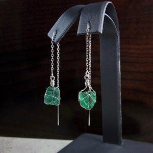 Emerald Earrings, Rough Emerald Earrings, Silver Threaders, Rough Stone Earrings, Gem Earring, Uncut Stone Earrings, May Birthstone