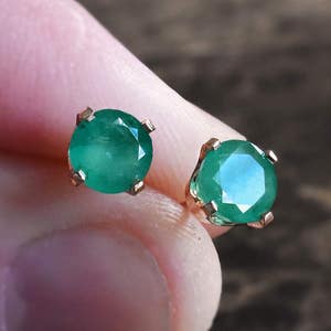 Genuine Emerald Gemstone Earrings, Solitaire Studs, Authentic Emerald Jewelry, Simple Gemstone Earrings, Round Studs, Real Emerald Jewelry