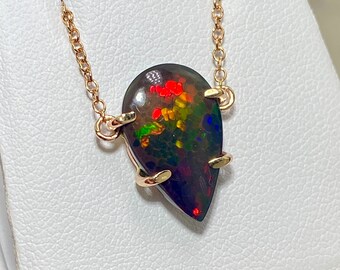 5 carat Genuine Black Opal Necklace, Rose Gold Opal Solitaire, Inverted Teardrop Necklace, Floating Gemstone Necklace, Honeycomb Opal