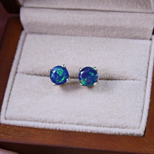 Genuine Beautiful Blue Opal Stud Earrings, Genuine Opal Jewelry, Round Opal Earrings, Gemstone Stud Earrings, Blue Gem Jewelry