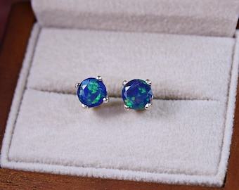 Genuine Beautiful Blue Opal Stud Earrings, Genuine Opal Jewelry, Round Opal Earrings, Gemstone Stud Earrings, Blue Gem Jewelry