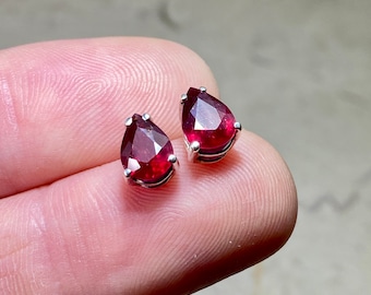 Genuine Red Ruby Solitaire Stud Earrings, Teardrop Post Earrings, July Birthstone Earrings, Sterling Silver Gemstone Studs