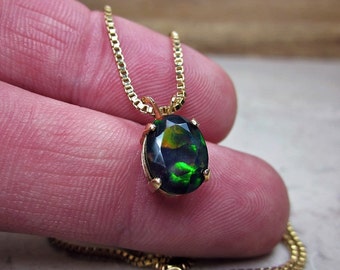 Natural Opal Necklace, Genuine Black Opal Pendant, October Birthstone Necklace, Faceted Gem Jewelry, Dark Gemstone Pendant, Gift for Her