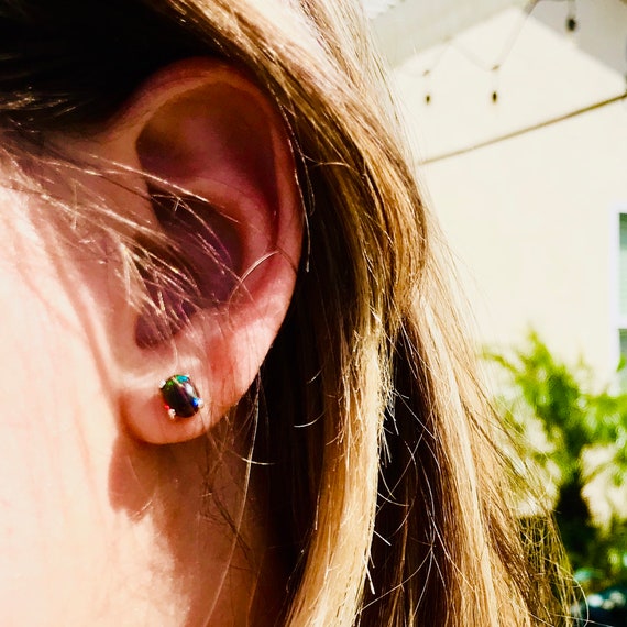 Genuine Black Fire Opal Earrings Natural Opal Stud Earrings Best Jewelry Gifts for Her Gemstone Stud Earrings Dark Gemstone Earrings Etsy