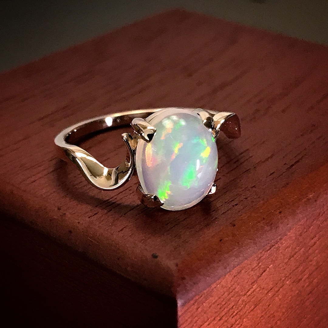 White Colorful Cabochon Opal Ring: 2 Carat Gemstone, Sterling Silver ...