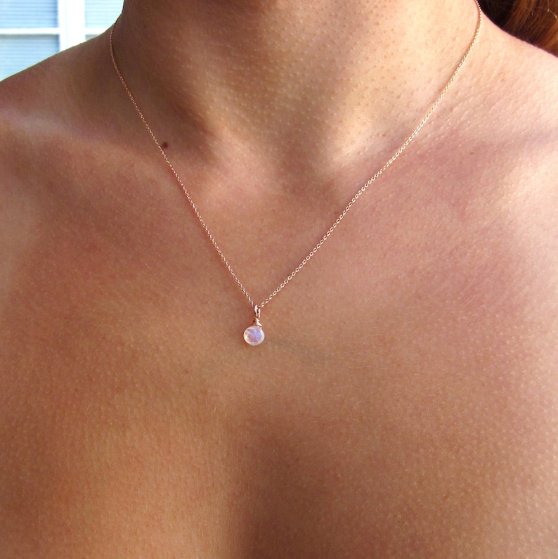 Model wearing Moonstone necklace in 14k Rose Gold