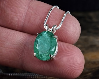 Genuine Colombian Emerald Necklace, 14k Gold Large Emerald Solitaire Pendant, May Birthstone Jewelry