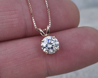 Moissanite Solitaire Necklace: 14k Gold Round Gemstone Pendant