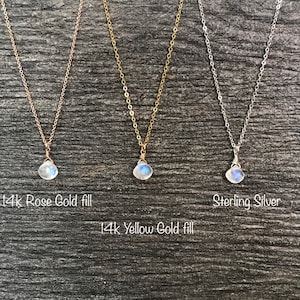 Stunning Pear teardrop shape Moonstone pendants on high quality, 18 inch precious metal cable chains. Options include 14k Rose Gold fill, 14k Yellow  Gold fill and 925 Sterling Silver. All metals are hypoallergenic and nickel free.